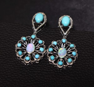 Boucles d'oreilles en argent avec opale éthiopienne et turquoise de l'Arizona avec diamant Boucles d'oreilles en diamant Ensemble de boucles d'oreilles Beauty Turquoise - Product Image 2