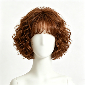 วิกผมสั้นหยิกสีน้ำตาลคาราเมล วิกผมฟูสไตล์ฝรั่งเศสพร้อมหน้าม้า - Product Image 1