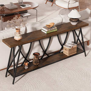 <span class=keywords><strong>Console</strong></span> d'entrée <span class=keywords><strong>rustique</strong></span> en bois, table de canapé à structure métallique stable avec pieds réglables, table de couloir à 2 niveaux pour la maison et l'hôtel - Product Image 3