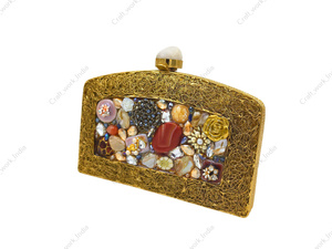 Luxury Handmade Panelled Metal <b>Clutch</b> with Multi Stone Crystal Bead Inlay Art Frame Statement Designer Evening <b>Bag</b> gift her - Product Image 4