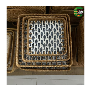Rattan Mosaic Serving <b>Tray</b> Mixed Mother of Pearl, Handmade Rattan Wicker Single Serving <b>Tray</b> Mother Pearl for Beverage Serving - Product Image 1