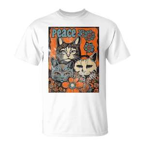 Camiseta promocional vintage de los años 60-70 con diseño de gato hippie, flores psicodélicas y estilo groovy. - Product Image 1