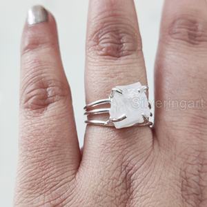 Raw Stone Jewelry Women's Ring Natural Rainbow Moonstone Gemstone June Birthstone 3 Plain Band Jewelry 925 Sterling Silver Ring - Product Image 2