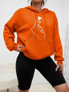 เสื้อฮู้ดผ้าฟลีซผ้าฝ้าย100% มีฮู้ดแขนยาวพิมพ์ลายหัวใจด้วยมือแบบเรียบ - Product Image 5