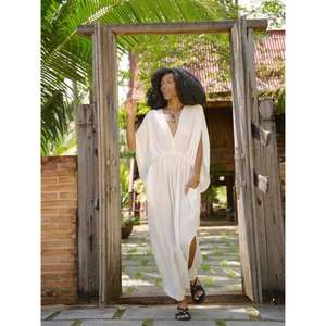 Women White Boho Kaftan Floor-Length Natural Washable V Neck <b>Loose</b> Fit Beach Cover up Cotton Summer Resort Wear <b>Dress</b> - Product Image 5