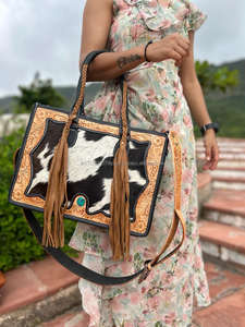 กระเป๋าโท้ทหนังวัวขนสัตว์พิมพ์ลายดอกไม้, ใหม่กระเป๋าถือสไตล์ตะวันตกและกระเป๋าถือคลัทช์เครื่องมือชุดคอมโบที่ไม่ซ้ำใคร - Product Image 3