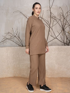 2025 nuevo estilo Casual Color sólido marrón 100% poliéster acanalado invierno cordón conjuntos mujeres musulmanas pantalones modestos y conjunto Kurta - Product Image 2