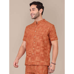 Amanush Men's Cotton Tan Brown Texture Plaid Mandarin Collar Short Sleeve Casual <b>Shirt</b> Breathable <b>Linen</b> <b>Summer</b> Wear - Product Image 3