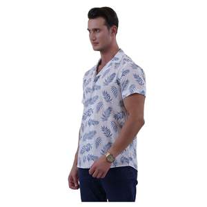 Turquoise Hawaiian Leaf Printed Hawaiian Relaxed Cut Short Sleeve Summer <b>Shirt</b> on <b>White</b> - Product Image 2