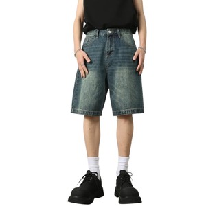 Shorts Vaqueros Vintage para Hombre, 100% Algodón, Corte Holgado, Pierna Recta, Cintura Alta, Cierre de Botones, Secado Rápido, Transpirables, Resistentes al Viento - Product Image 1