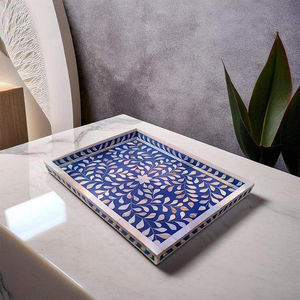 Plateau de service en marbre de style arabe indien incrustation d'os et plateau de petit-déjeuner en perles de résine de nacre pour la nourriture par l'artisanat en croissant - Product Image 4