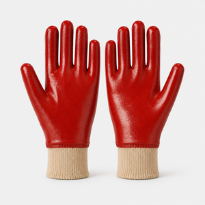 ถุงมือเคลือบ PU สีแดง ป้องกันการลื่น พร้อมข้อมือถัก  แบบเต็มพื้นผิว สำหรับงานทั่วไป คุณภาพสูง  ถุงมือเคลือบ PVC - Product Image 1