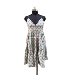 Vestido de tirantes bohemio étnico para mujer, elegante, multicolor, 100% algodón, ropa de verano, estampado de bloques a mano, Maxi vestido de encaje Natural - Product Image 1