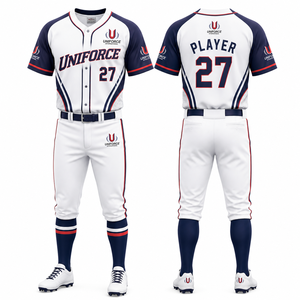 Ensemble d'uniformes de softball personnalisés pour hommes, blanc et bleu marine, maillot à manches courtes et pantalon, respirant, anti-humidité, 100 % polyester, été - Product Image 1