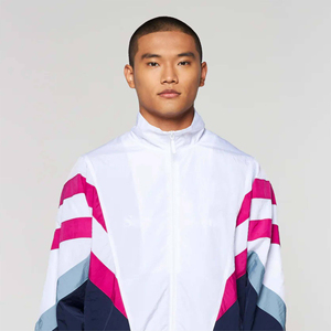 <b>Men</b> Retro Tracksuit White Jacket Navy <b>Pink</b> Panel Matching Pants 100% Cotton Casual Athletic Two Piece Sportswear Set Fleece - Product Image 2