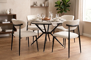 This modern <b>dining</b> <b>set</b> combines minimalist aesthetics with high durability. With its unique curved back design and textured fabr - Product Image 1