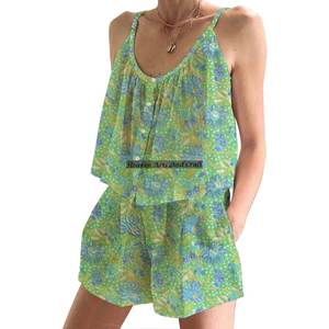 Ensemble de pyjama en coton 100% indien imprimé à la main, short de nuit, ensemble de pyjama floral ajusté à bretelles sans manches pour le printemps/été - Product Image 5