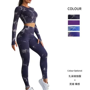 Tie Dye Yoga manga larga Top Legging deportes Fitness trajes 2 piezas conjuntos mujeres trajes gimnasio entrenamiento ropa conjunto para mujeres Yoga conjunto - Product Image 2
