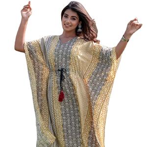 波西米亚印花棉卡夫坦连衣裙夏季四分之三袖齐膝卡夫坦天然腰部可洗婚礼舞会 - Product Image 1