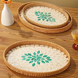 Organizador de mesa decorativo, juego de bandeja de servicio MOP de ratán, bandejas de concha de Capiz de mosaico de alta calidad - Product Image 4