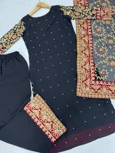 Último Diseño de Ropa de Novia Estilo Bollywood, Bordado con Lentejuelas y Cordones Pesados, Top de Georgette Sintética, Pantalón con Borde de Encaje, Dupatta - Product Image 6