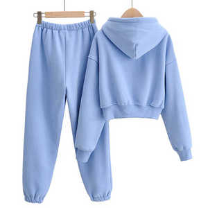 New Arrive Women's Cotton Fleece <b>Stand</b> Collar Oversize Crop Top and Fleece Tracksuit Solid Pattern 2 Piece Sweatshirt Set - Product Image 2