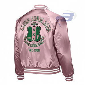 Alfa |   Kapa |   Chaqueta Bomber de Satén de Invierno Alpha Sorority con Letras Griegas en Rosa y Verde, Resistente al Viento, Chaqueta Bomber AKA Sorority - Product Image 2