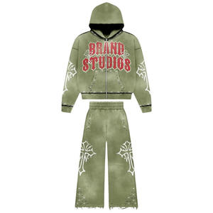 Haute qualité à la mode survêtements hommes brodé Patch pleine fermeture éclair survêtement lavage à l'acide avec sérigraphie pierres survêtement - Product Image 1