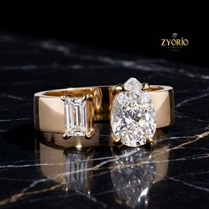 10K Gold Pear & Emerald Cut Lab Grown Diamond <b>Open</b> Band <b>Ring</b> for Women - Product Image 4