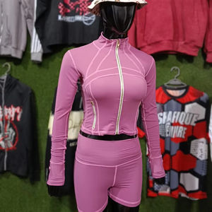 Conjunto de ropa deportiva de 2 piezas para mujer, Chaqueta corta de Fitness con patrón sólido y pantalones cortos de motociclista ajustados para traje de gimnasio de primavera - Product Image 1