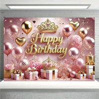 Décor de fête esthétique rose doré pour anniversaire, toile de fond avec couronne de princesse et guirlande de ballons pour photographie, en polyester lavable