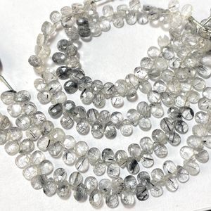 Cuentas de Briolette con forma de pera y almendra facetadas de rutilo negro natural calibradas para la fabricación de joyas - Product Image 3