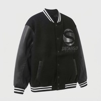 Blouson bomber noir premium avec manches en cuir véritable, blouson bomber personnalisé style Letterman, col côtelé à boutons pression