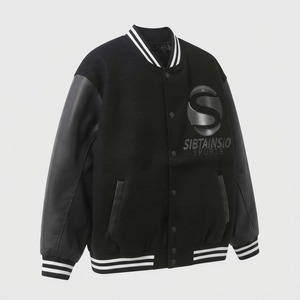 แจ็คเก็ตบอมเบอร์สีดำพรีเมียม แขนหนังแท้ เสื้อโค้ทบอมเบอร์แบบ Letterman สั่งทำพิเศษ กระดุมแป๊กด้านหน้า คอเสื้อแบบริบ - Product Image 5