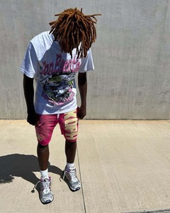 Pantalones cortos de algodón 100% para hombre con estilo, logotipo con estampado 3D personalizado, aspecto lavado ácido recortado, acabado desteñido al sol, ropa de calle informal de lona sólida - Product Image 2