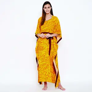 Comfortable Fit Viscose Modal Shaped Neckline with Piping Detail with Short Extended Sleeves Yellow Paisley Print Kaftan