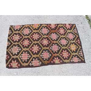Vintage 2.6x4.2 ft Rug, Kilim Turkish Rug, <b>Brown</b> Ikat Rug <b>Wool</b> - Product Image 3