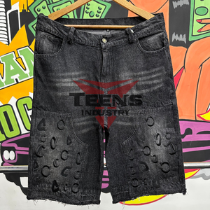 Shorts en jean décontractés vintage de haute qualité avec logo personnalisé 2026, imprimés et lavés, avec broderie surdimensionnée pour hommes - Product Image 2