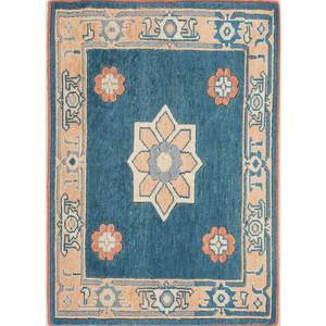 Tapis en laine noué à la main Nuray Classic Blue, motif rectangulaire médaillon, design puzzle et losanges pour la maison et les adolescents, modèle Pae-272 - Product Image 1