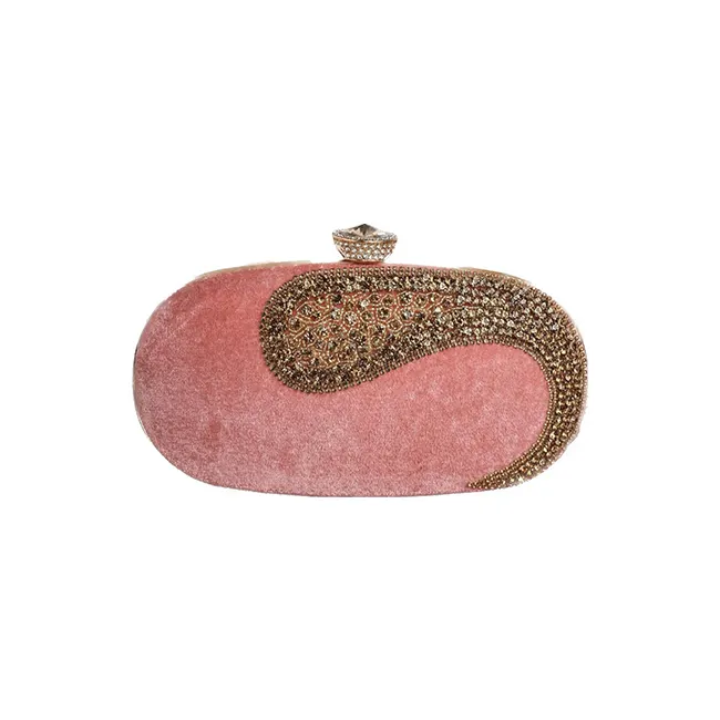 Bolsa de mão bordada de veludo rosa com diamantes para casamento de qualidade premium
