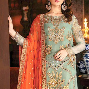 Robe ethnique de couleur Orange et bleu clair, prix Direct d'usine, broderie Georgette, tenue de travail pour femmes, vêtements de fête - Product Image 2