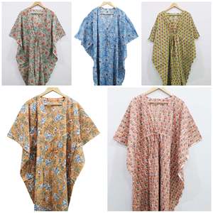 Vestido Kaftán 100% Algodón para Mujer, Talla Única, Kimono de Noche, Túnica con Estampado a Mano, Tejido Suave, Cierre con Botones, para Damas de Honor en Verano - Product Image 1