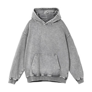 Sudadera con capucha desgastada lavada con ácido de gran tamaño para hombre de rizo francés gris vintage personalizada 100% Sudadera con capucha de peso pesado de algodón y poliéster - Product Image 1