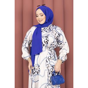Beige-Indigo Satin Hijab Dress <b>Chain</b> Pattern <b>Belt</b> Basic Modest Elegant Style Straight Silhouette Floral Solid Pattern for Summer - Product Image 2