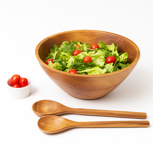 Bol de service en bois ondulé pour salade de fruits avec ustensiles faits à la main, accessoire de vaisselle en bois naturel durable et élégant - Product Image 3