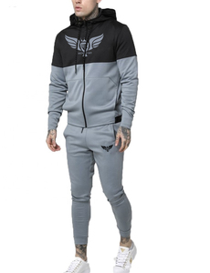 ชุดวอร์มผู้ชายแบบมีฮู้ดซิปเต็มชุดออกกำลังกายผ้าฝ้าย100% ชุดกีฬาสองชิ้นสีดำเทาเข้ม - Product Image 3