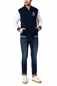 SINEWY SPORTS <b>Men's</b> Navy <b>White</b> Varsity <b>Jacket</b> Zipper Front Embroidered Logo Preppy Style Regular Fit Autumn Wear - Product Image 4