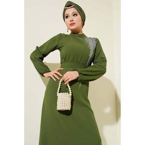 Vestido con cinturón cuello piedra caqui - Product Image 1