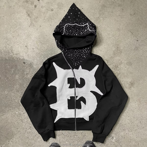 Personalizado 3D bordado de peso pesado Streetwear French Terry Patch Crystal Rhinestones Boxy Oversized Fit Drop Shoulder Zip Hoodie - Product Image 4