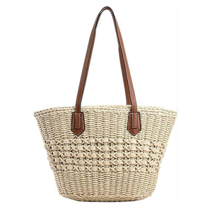 Sac fourre-tout décontracté d'été fait à la main pour femmes sac de voyage en paille tissé de plage perle plume décoration poignées en cuir Vietnam - Product Image 1
